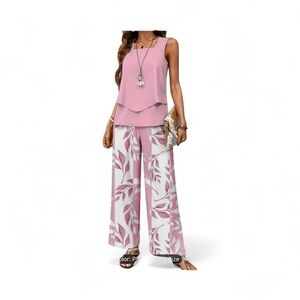 Pink Layered Top and Leaf Print Pants Set
